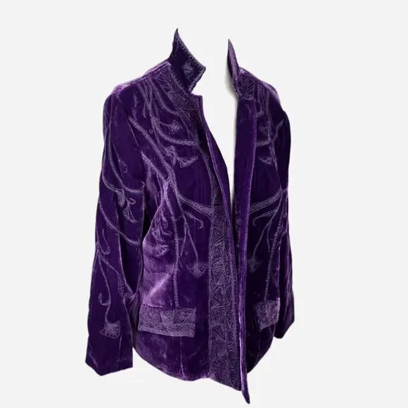 Chico's Sz 4 Small Velvet Purple Jacket Blazer Boho Chic Embroidered Poet Coat